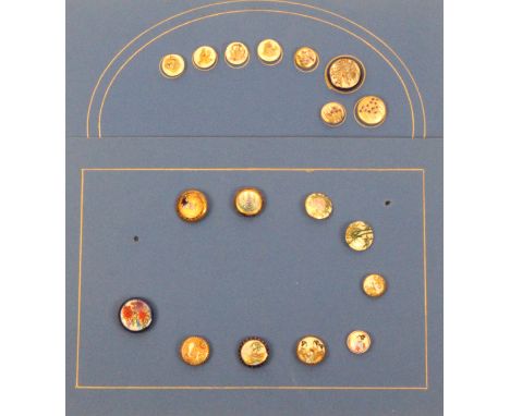 A collection of eighteen Japanese Satsuma ceramic buttons including floral, landscape and figural examples, largest 3cm dia (