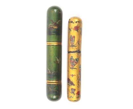 Two early 19th Century Vernis Martin bodkin cases each of cylinder form, comprising a green ground example decorated with hun
