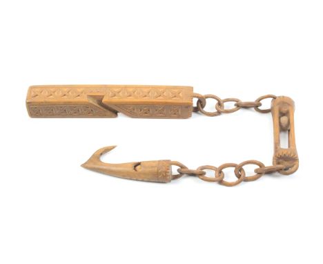 A good 19th Century wooden chained boxwood knitting stick the stick with chip carved decoration and initialled ïCN/RMÍ to a f