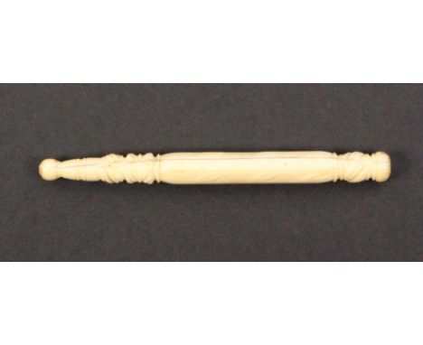 A 19th Century turned ivory tapering knitting stick with leaf carved and spiral turned decoration, 14.5cm