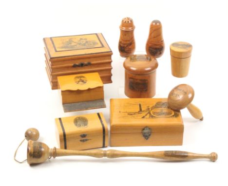 Mauchline ware and associated foreign _ ten pieces comprising a cylinder powder box (The Tower of London From Tower Hill/Buck