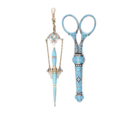 A pair of Norwegian turquoise and white enamel scissors in sheath and a similar pendant seam knife as a dagger in sheath, the