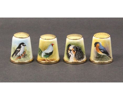 Four 20th Century enamel thimbles by Graham Payne, Worcester comprising one of a dog and three of birds, all signed internall