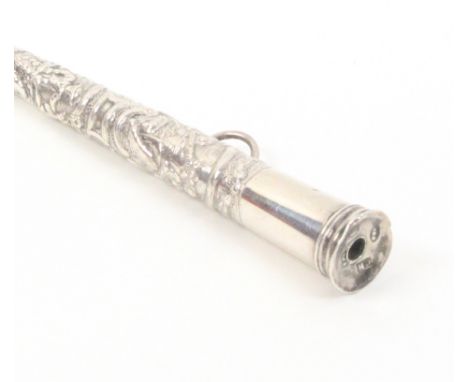 An early 19th Century silver knitting stick of tapering cylinder form, Dutch, with three figural panels amid flowers and term