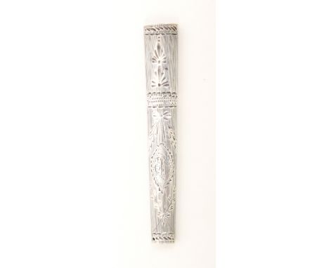 A late 18th Century English silver needle or bodkin case of tapering form and oval section with bright cut floral and swag de