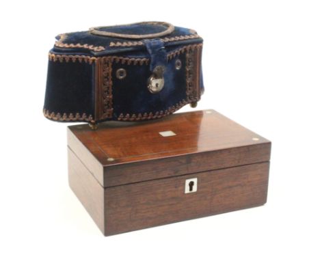 Two Victorian sewing boxes comprising a rosewood rectangular example with pewter lines and mother of pearl dots, fitted tray 
