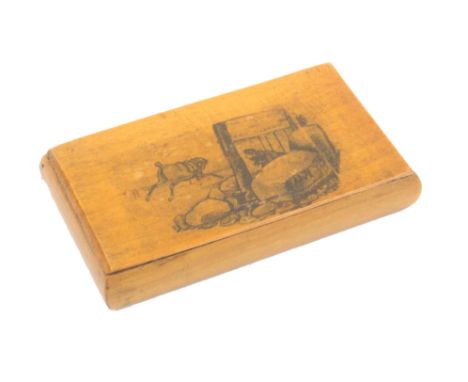 A Mauchline ware snuff box of larger format, the lid with a print of a bolting horse and fallen rider below an indistinctly i