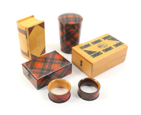 Tartan Ware _ six pieces comprising a rectangular card box, hinging to form a cribbage board with Tartan panels and oval fern