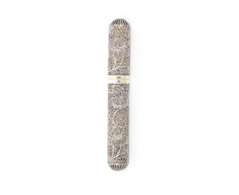 A late 18th Century silver filigree bodkin or needlecase of cylinder form, probably Chinese, over a silver gilt core, domed p