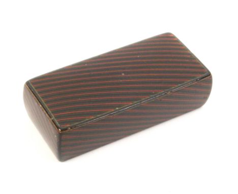 A Scottish snuff box by ïSmith Mauchline, Warranted Cut Out of The SolidÍ, decorated with diagonal red and green stripes on a