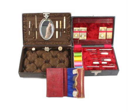 Three small format sewing companions, comprising a red leather and gilt purse form example by ïAsprey and SonÍ 11cm, a grey l