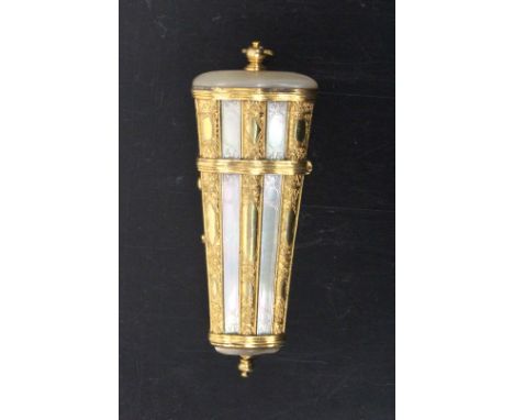 A fine late 18th Century engraved and gilded etui with engraved mother of pearl panels of rectangular section and tapering fo