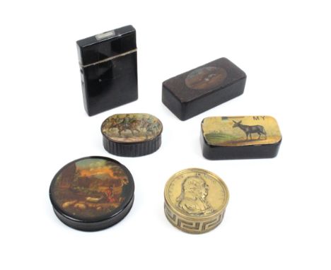 Six 19th Century snuff and other boxes, comprising a circular example with colour tinted transfer of goat and figures in cont