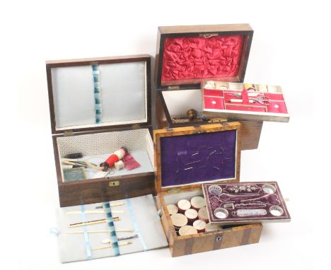 Three 19th Century rectangular sewing boxes comprising a burr maple and rosewood example with steel mounts, interior with flu
