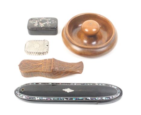 Five larger format items all with Stanhopes comprising a turned wooden dish (Photo By J W Soper _ Victoria Falls), 11cm dia, 