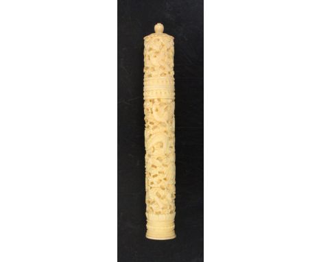 A good 19th Century Canton carved ivory netting case of tapering cylinder form carved with dragon, birds, butterflies, comple