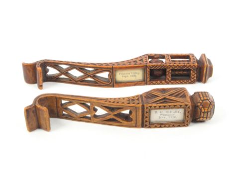 Two 19th Century wooden documentary knitting sheaths, Weardale, to two members of the same family, each of typical heart pier