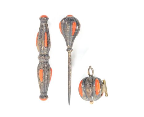 A fine trio of 19th Century silver gilt engraved and coral mounted sewing tools attributed to Asprey, comprising a needlecase