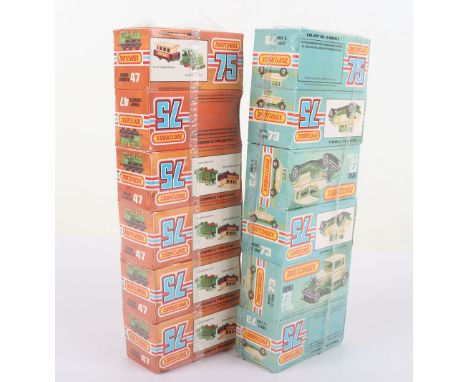 Two Matchbox Lesney Superfast Trade packs of six 47e Pannier Locomotives and six 73e Model A Fords, K boxes, both packs in mi