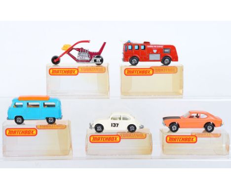 Five Matchbox Superfast boxed models, MB-15 Volkswagen Saloon cream body, 137 labels, factory paint error on roof, MB-23 Volk