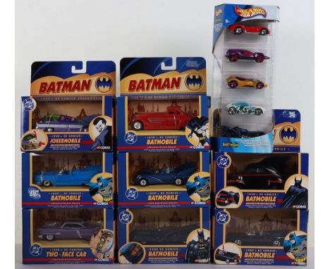 Corgi 1:43 scale boxed Batman vehicles, six Batmobiles, Jokermobile, Two-face car and Hotwheels Batman set of five, excellent