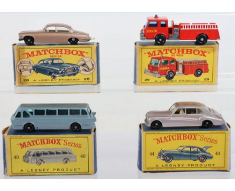 Four Boxed Matchbox Lesney Regular Wheels, 28c Mark Ten Jaguar, unpainted engine, black plastic wheels, 29c Fire Pumper, red 