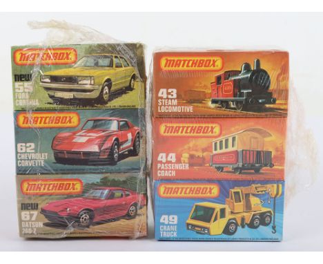 Two Matchbox Lesney Superfast Trade packs of three models,43e Steam Locomotive, 44e Passenger Coach, 49d Crane Truck,55g Ford