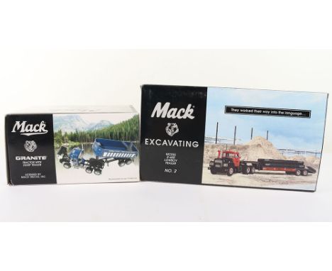 Two First Gear Boxed Trucks, Including: 1:34 scale Diecast metal Mack Granite Tractor with Dump Trailer, 19-3301, and 1:34 sc