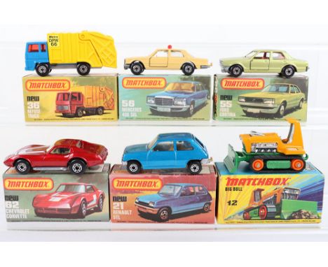 Six  Matchbox Lesney Superfast Boxed Models, England: MB-12 Big Bull, orange rollers,MB-21 Renault 5TL, metallic blue dot das