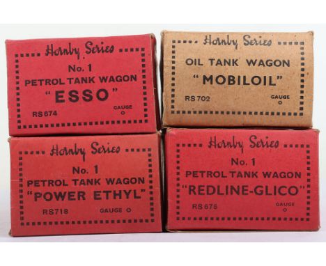 Hornby Series boxed Oil and Petrol Tank wagons, Mobiloil in brown box, Power Ethyl, Esso and Redline-Glico all in red boxes, 