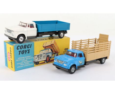 Two Corgi Toys Dodge Kew Fargo Trucks, 483 Dodge Kew Fargo Tipper, white cab, red interior, blue tipper, spun shaped wheel hu