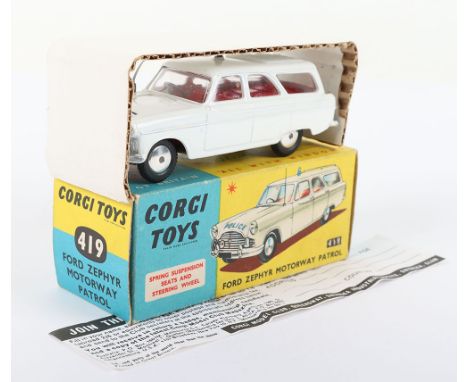 Corgi Toys 419 Ford Zephyr Motorway Patrol, white body 'Police' red interior, small blue roof light, flat spun wheel hubs, in