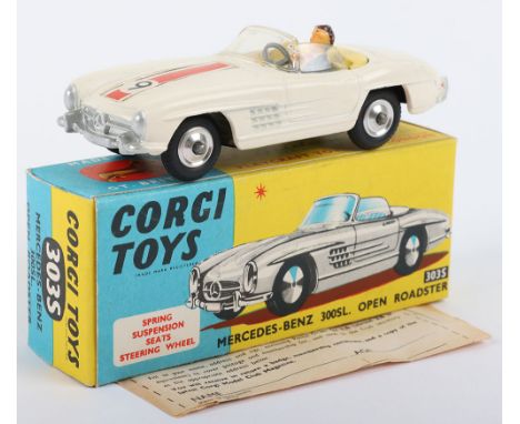 Corgi Toys 303S Mercedes Benz 300SL. Open Roadster, off white body, pale yellow interior, plastic steering wheel with driver,