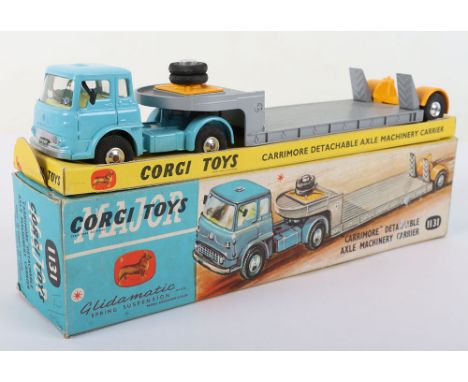 Corgi Major Toys 1131 Bedford TK Carrimore Detachable Axle Machinery Carrier, sky blue cab, lemon interior, silver trailer, y