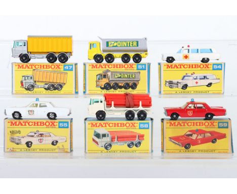 Six Boxed Matchbox Lesney Regular Wheels, 47c DAF container Truck, silver cab, yellow container, super detail light added, 51