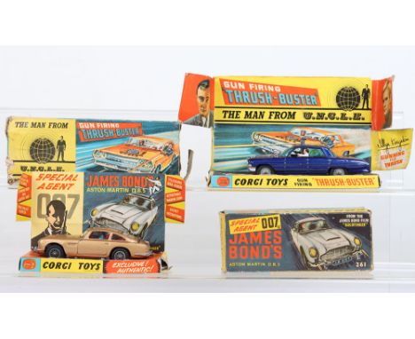 Corgi Toys two boxed Film related cars, Corgi Toys 261 James Bond Aston Martin D.B.5 from the Film “Goldfinger” gold body, wi