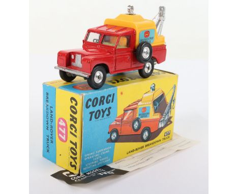 Corgi Toys 477 Land-Rover Breakdown Truck, red body, yellow interior, plastic rear tilt,  shaped spun wheels, in near mint or