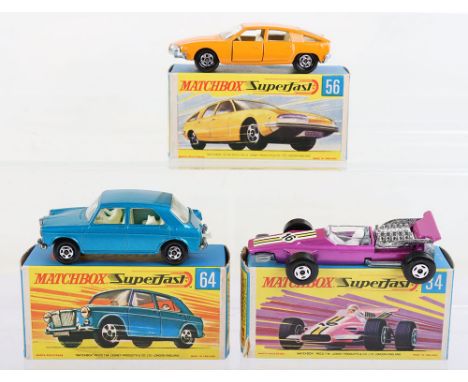 Three Boxed Matchbox Lesney Superfast Models, 34d Formula 1 Racing Car, metallic purple, ‘16’ label, 4 spoke wheels, 56c BMC 