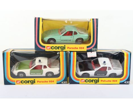 Three Boxed Corgi Porsche 924 models, 321 metallic light green, red interior, 430 German export ‘Polizei’ green/white and 430