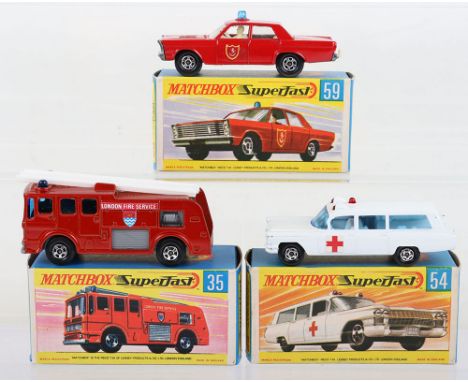 Three Boxed Matchbox Lesney Superfast Emergency Models,35c Merryweather Fire Engine, metallic red, London Fire Service, 5 spo