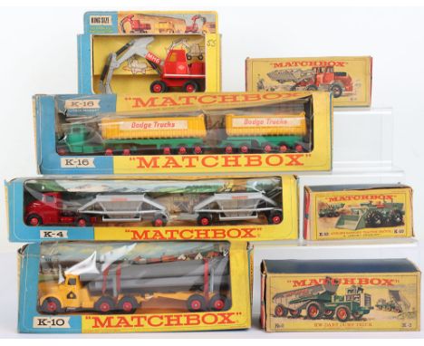 Seven Boxed Matchbox Lesney Kingsize Models, K-1 Hydraulic Excavator, red body, silver jib O&K MH6, K-2 K-W Dart Dump Truck, 