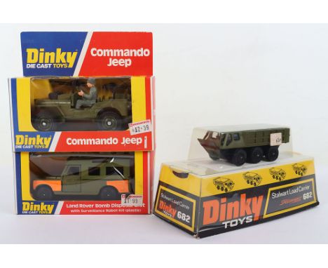 Three Boxed Dinky Toys Military Models, 612 Commando Jeep, 604 Land Rover Bomb Disposal unit with surveillance robot kit (pla