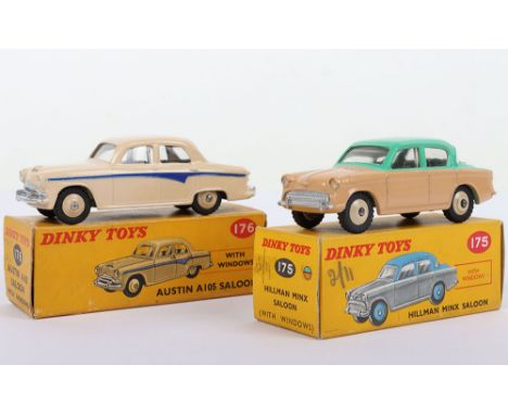 Two Boxed Dinky Toys Cars, 175 Hillman Minx Saloon, pale green/pale brown, beige wheel hubs and 176 Austin A105 Saloon cream 