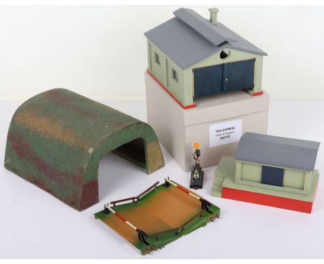 Trix Express wooden tack buildings, 20/272 engine shed with hinged doors and 20/273 good building with hinged and sliding doo