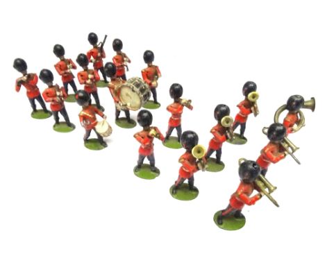 Britains set 37 Band of the Coldstream Guards FIRST VERSION, slotted arms, with Bombardon (bearskin dented) and 'heel and toe
