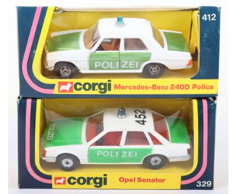 Two Corgi  German Issue Police Cars, 329 Opel Senator, green/white ‘Polizei’ and Mercedes-Benz 240D green/white ‘Polizei’, bo