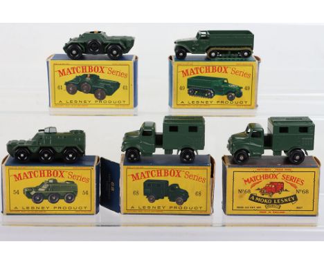 Five Boxed Matchbox Lesney Regular Wheels Military Models, 49a Army Half Track Mark III, black plastic wheels/rollers, D type