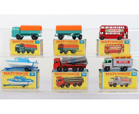 Six Boxed Matchbox Lesney Regular Wheels, 1e Mercedes Truck, 2d Mercedes Trailer, 5d London Bus Visco Static,9d Boat & Traile