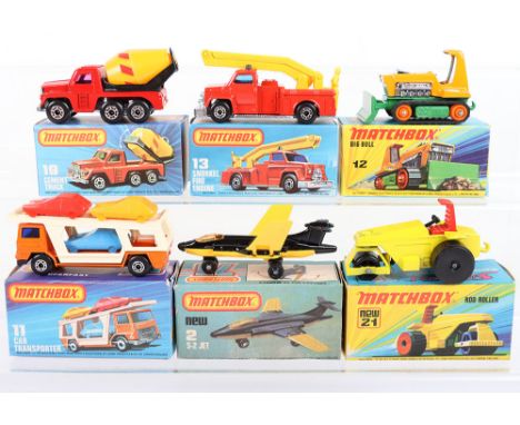 Six  Matchbox Lesney Superfast Boxed Models, England: MB-2 S-2 Jet, black/yellow, MB-11 Car Transporter, orange cab, dot-dash