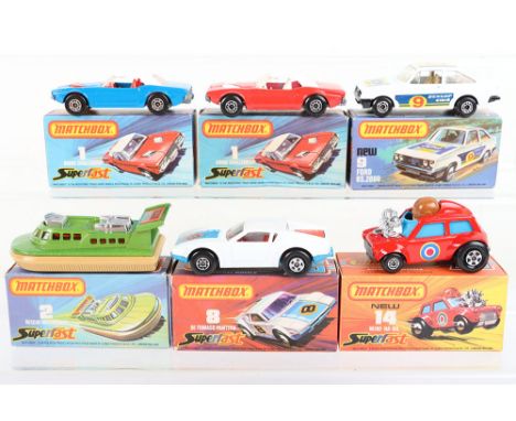 Six  Matchbox Lesney Superfast Boxed Models, England: MB-1 Dodge Challenger  red/ white interior/hood, 5 arch wheels, MB-1 Do
